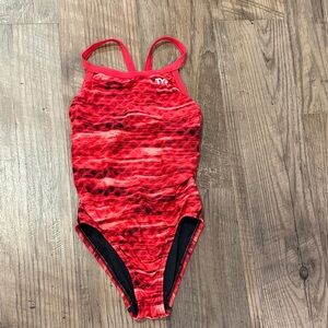 TYR Red Girls' One-Piece Swim Suit with Subtle Black Pattern Size 24